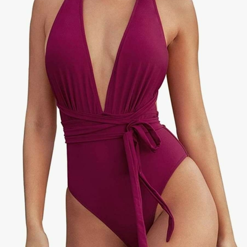 Women's One-piece Swimsuit Plunging Tie Front Solid RED  Sexy Backless Swimwear